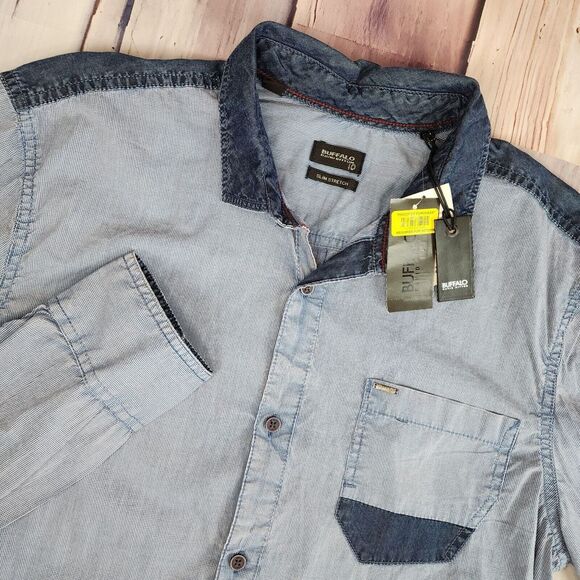 Buffalo David Bitton Other - Buffalo David Bitton Mens L SASTUQ-X Blue Denim Look Btn Up Shirt Slim‎ Stretch
